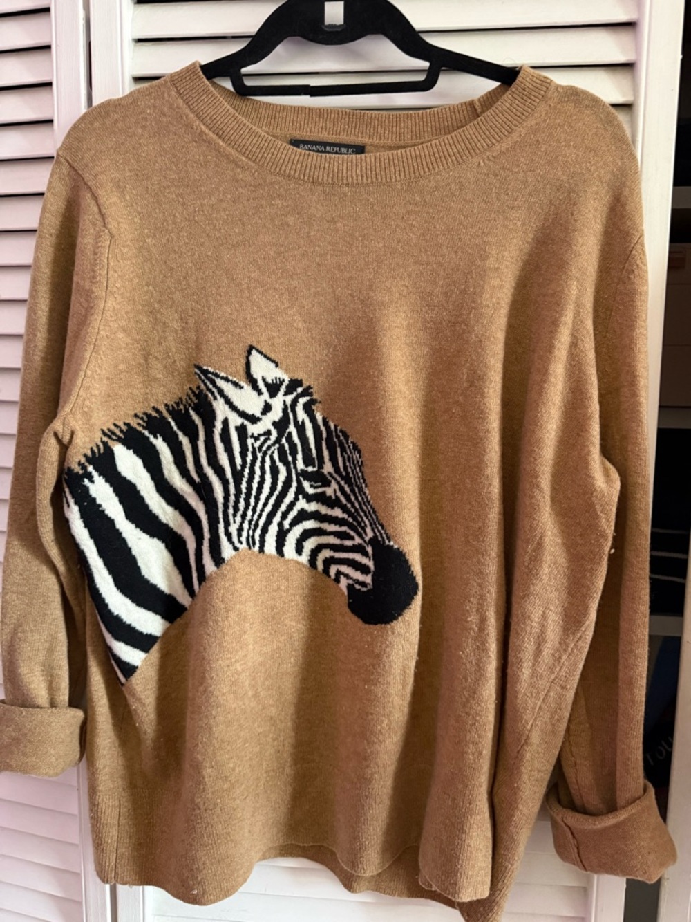 Banana Republic Camel Crewneck Sweater with Black and White Zebra Motif